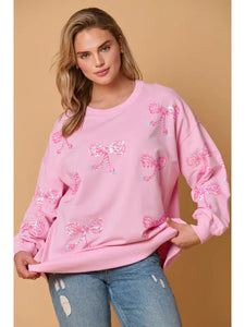 Pink Sequin Bow French Terry Pullover