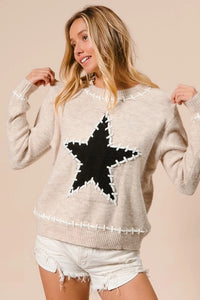 Oatmeal Stitch Detail Knit Star Patch Sweater