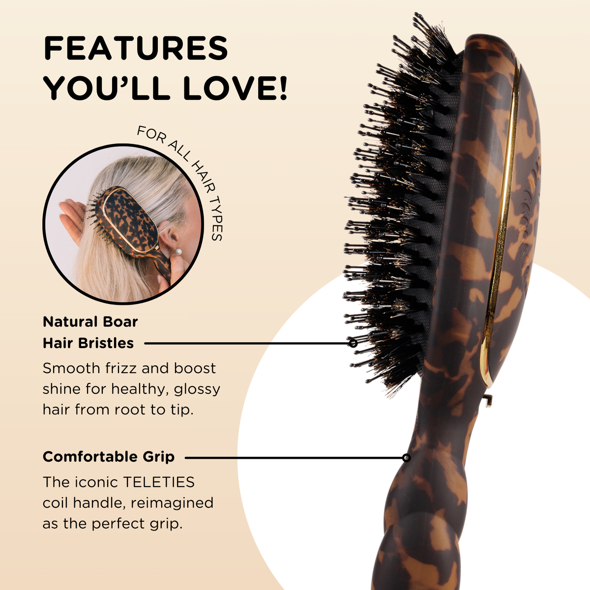 TELETIE Boar Bristle Hair Brush | Tortoise