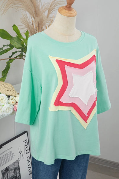 Seafoam Green Colorblock Star Patched Top