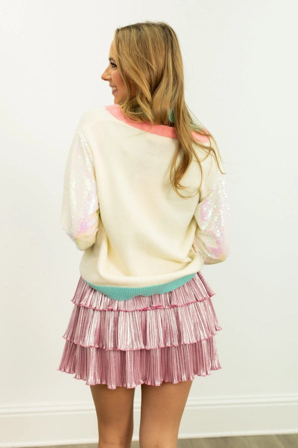 Ivory Glitter Trees Cardigan with Sequin Sleeves