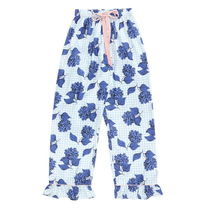 Blue Gingham + Hydrangeas Velvet Tie PJ Pant Set