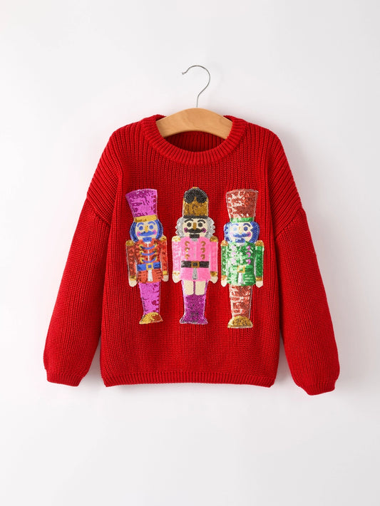 Youth Red Sweater with Colorful Nutcrackers