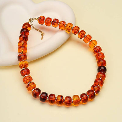 Chunky Amber-Tone Barrel Bead Necklace