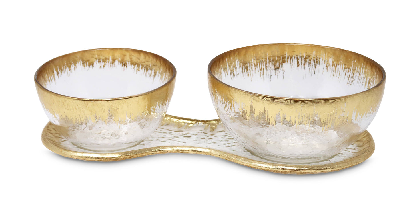 Gold Design 2 Bowl Relish Dish on Tray