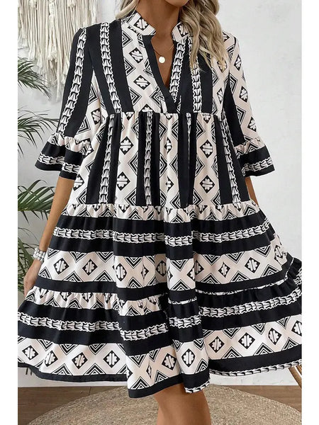 Black & White Geometric Josie Ruffle Dress