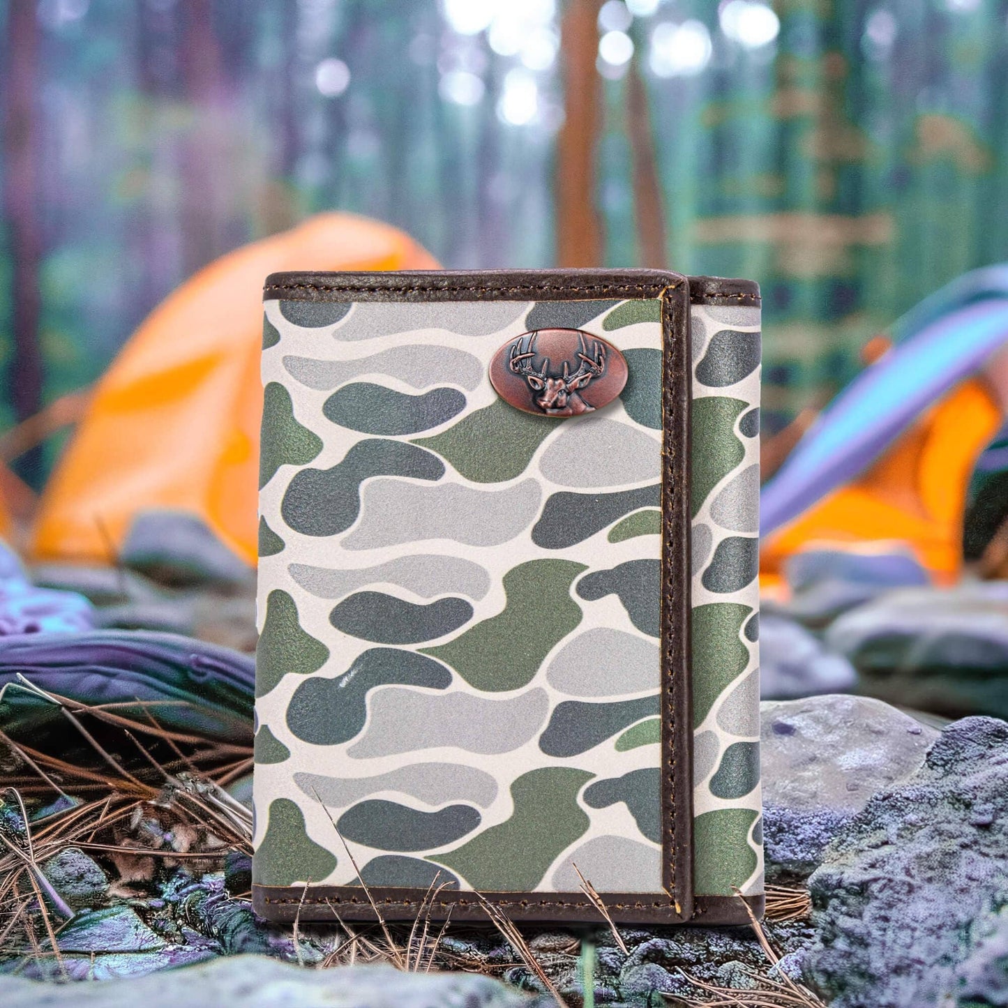 Brown & Tan Camo Buck Trifold Leather Wallet