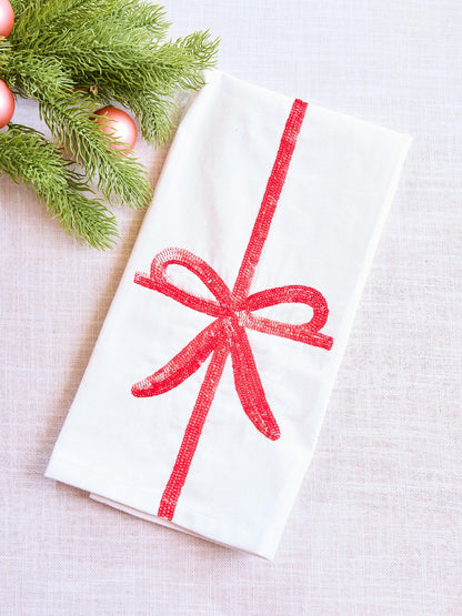 Red Bow Sequin Tea Towel