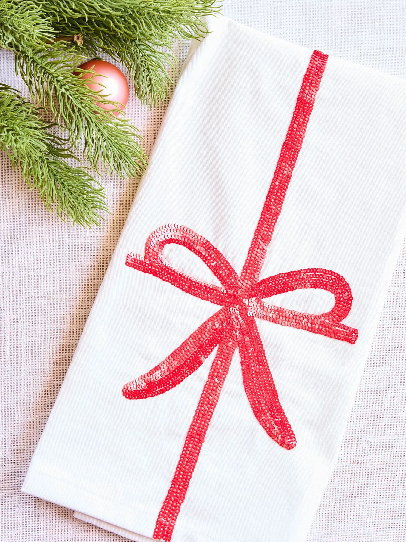 Red Bow Sequin Tea Towel