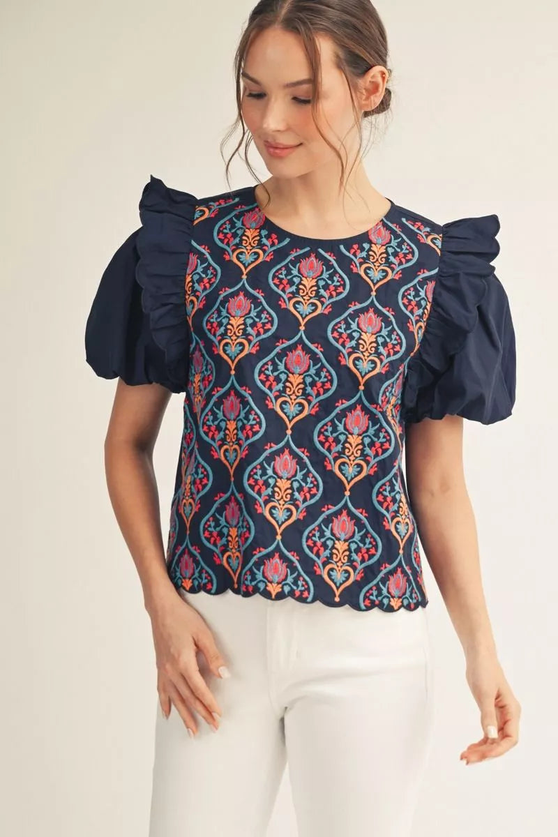 Navy Midnight Mosaic Puff Sleeve Top