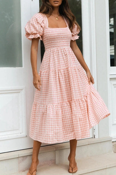 Pink Textured Gingham Tiered Midi Dress