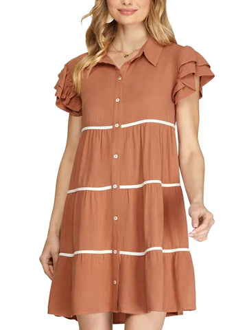 Cinnamon Ruffle Sleeve Tiered Daphne Dress