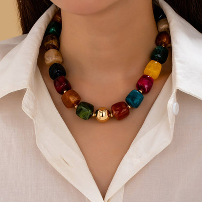 Multicolor Marbled Resin Bead Statement Necklace