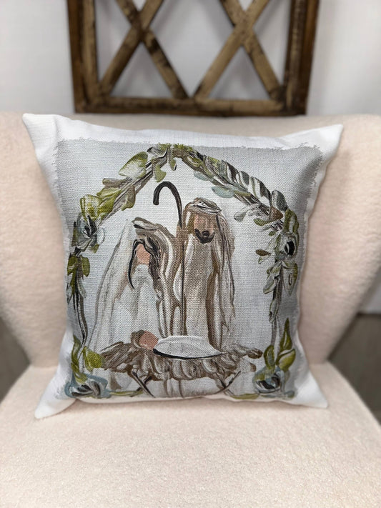 Nativity w/ Greenery Square Pillow