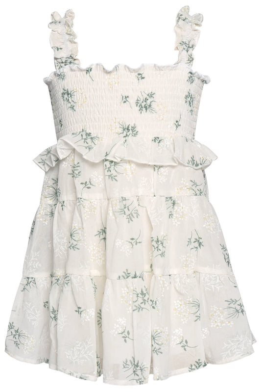 Tween White Floral Smocked Tiered Dress