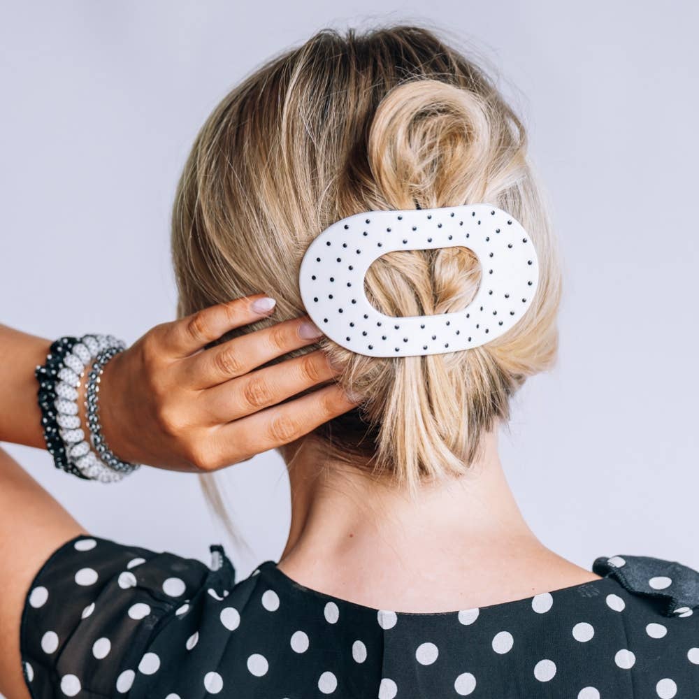 Round Flat TELETIE Clip | Large | White Polka Dot Party
