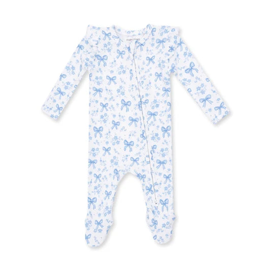 Angel Dear Blue Bows & Flowers 2-Way Ruffle Zipper Footie
