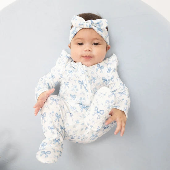 Angel Dear Blue Bows & Flowers 2-Way Ruffle Zipper Footie
