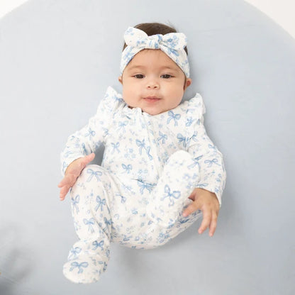 Angel Dear Blue Bows & Flowers 2-Way Ruffle Zipper Footie
