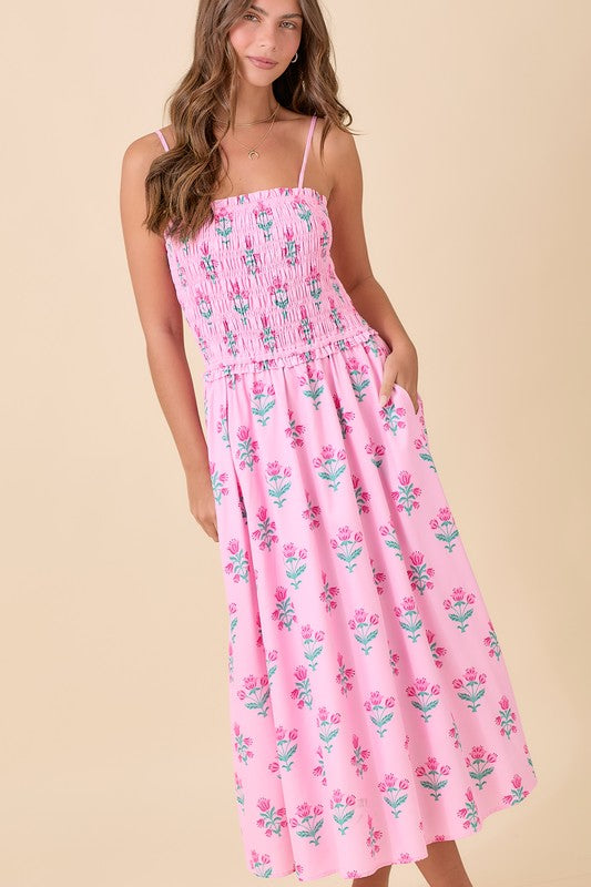 Pink Midi Smocking Floral Dress