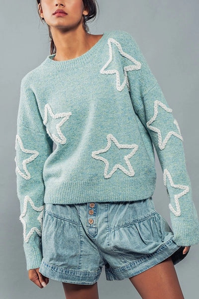 Mint Embroidered Starry Knit Sweater