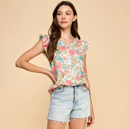 Cream Floral Ellie Top with Ruffled Sleeves