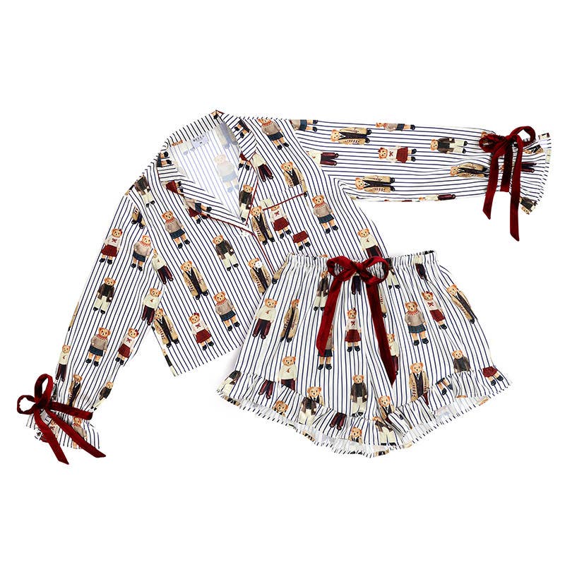 Navy Stripes + Bears Velvet Tie PJ Short Set