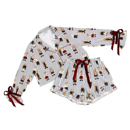 Navy Stripes + Bears Velvet Tie PJ Short Set