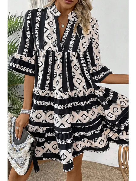 Black & White Geometric Josie Ruffle Dress