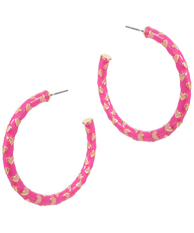 Pink Heart Pattern Enamel Hoop Earrings