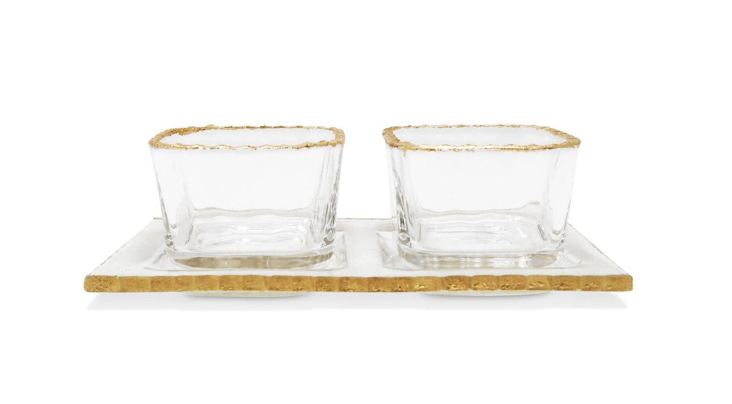 Gold Border 2 Bowl Relish Dish on Tray