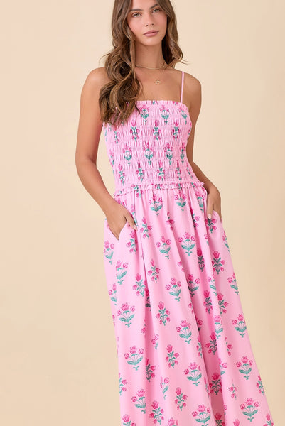 Pink Midi Smocking Floral Dress