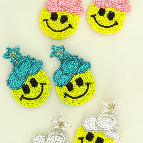 Smiley with Cowgirl Hat Beaded Earrings