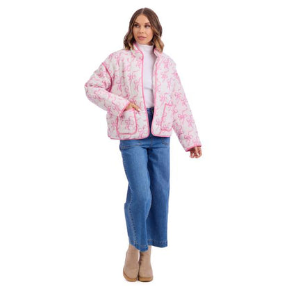 Mud Pie Pink & White Bow Cher Quilted Jacket