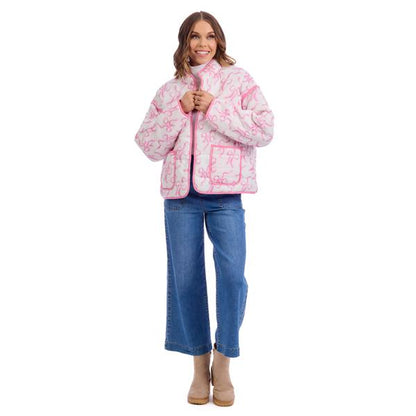 Mud Pie Pink & White Bow Cher Quilted Jacket