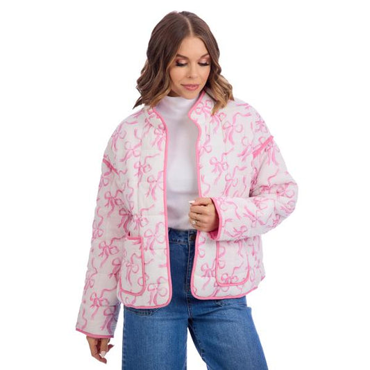 Mud Pie Pink & White Bow Cher Quilted Jacket