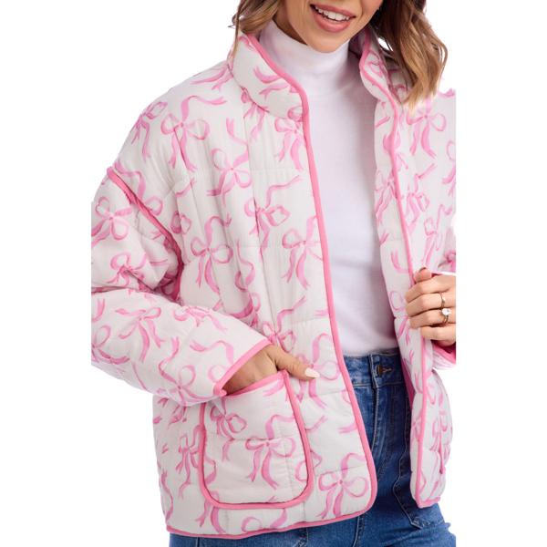 Mud Pie Pink & White Bow Cher Quilted Jacket
