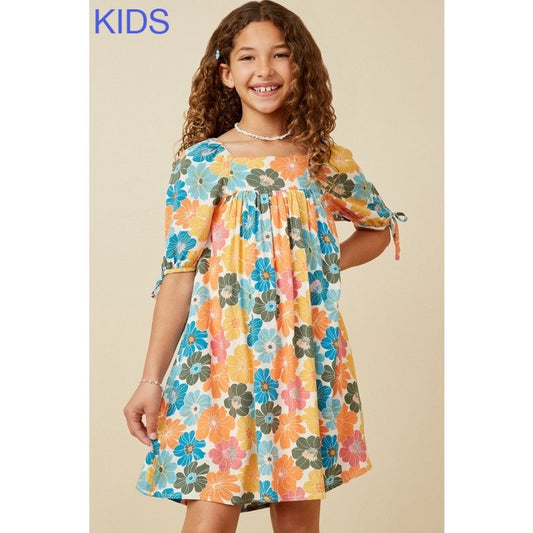 Youth Multi Floral Square Neck Tie Sleeve Dress