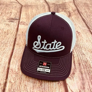 Maroon & White MSU State Puff Cap