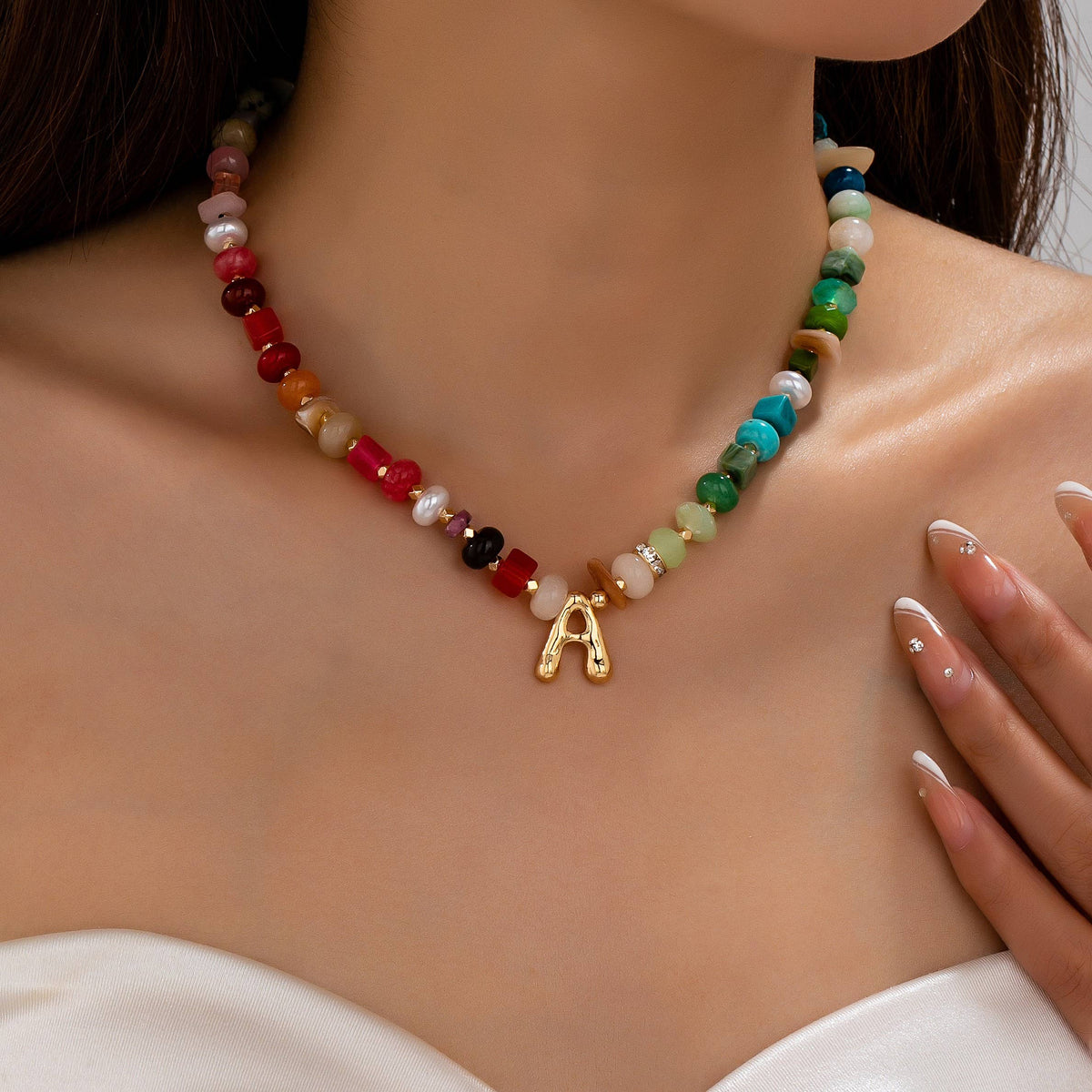 Multi Gemstone Chip Initial Charm Necklace