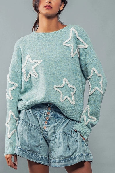 Mint Embroidered Starry Knit Sweater