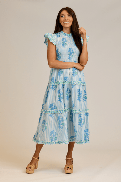 Mud Pie Blue Perin Smocked Midi Dress