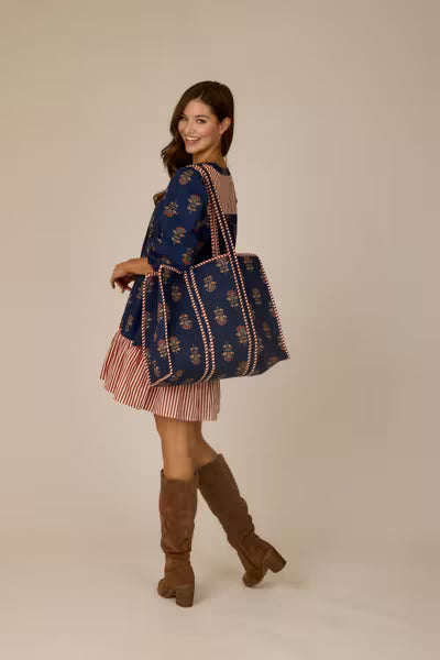 Mud Pie Navy Harvest Block Print Tote