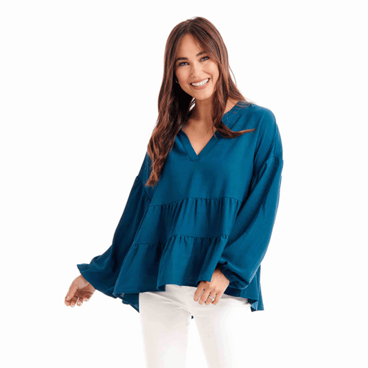 Mud Pie Teal Orleans Flounce Top