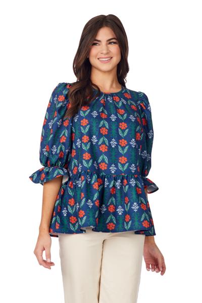 Mud Pie Navy Floral Pierce Flounce Top