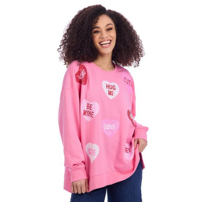 Mud Pie Pink Sequin Conversation Hearts Sweatshirt