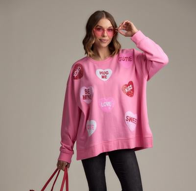 Mud Pie Pink Sequin Conversation Hearts Sweatshirt