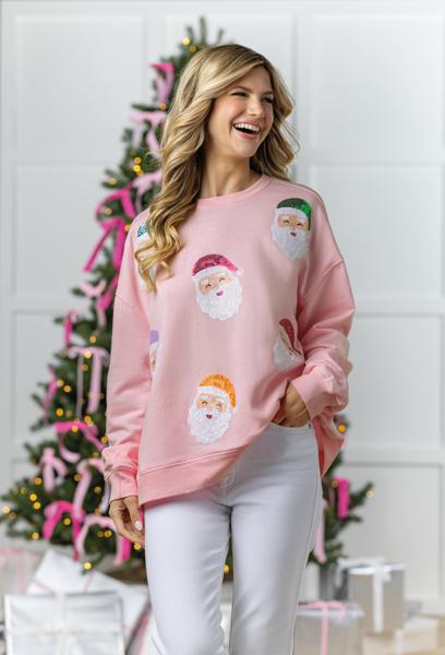 Mud Pie Blush Sequin Santa Sweatshirt