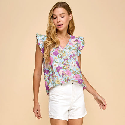 Light Blue Floral Ellie Top with Ruffled Sleeves