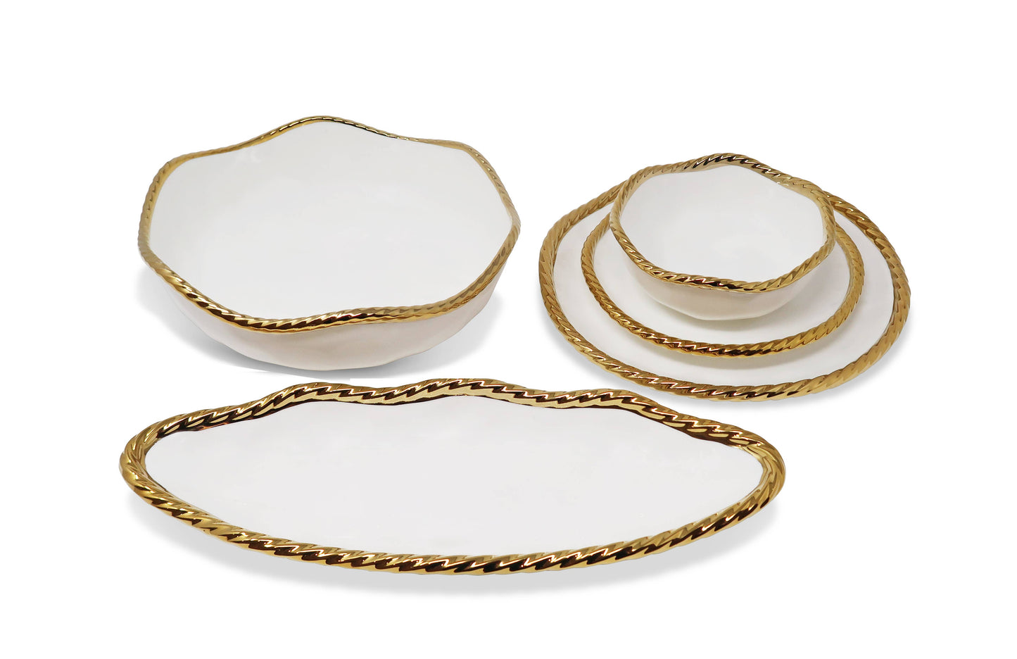 White Oval Bowl New Bone China with Gold Rope Scalloped Edge